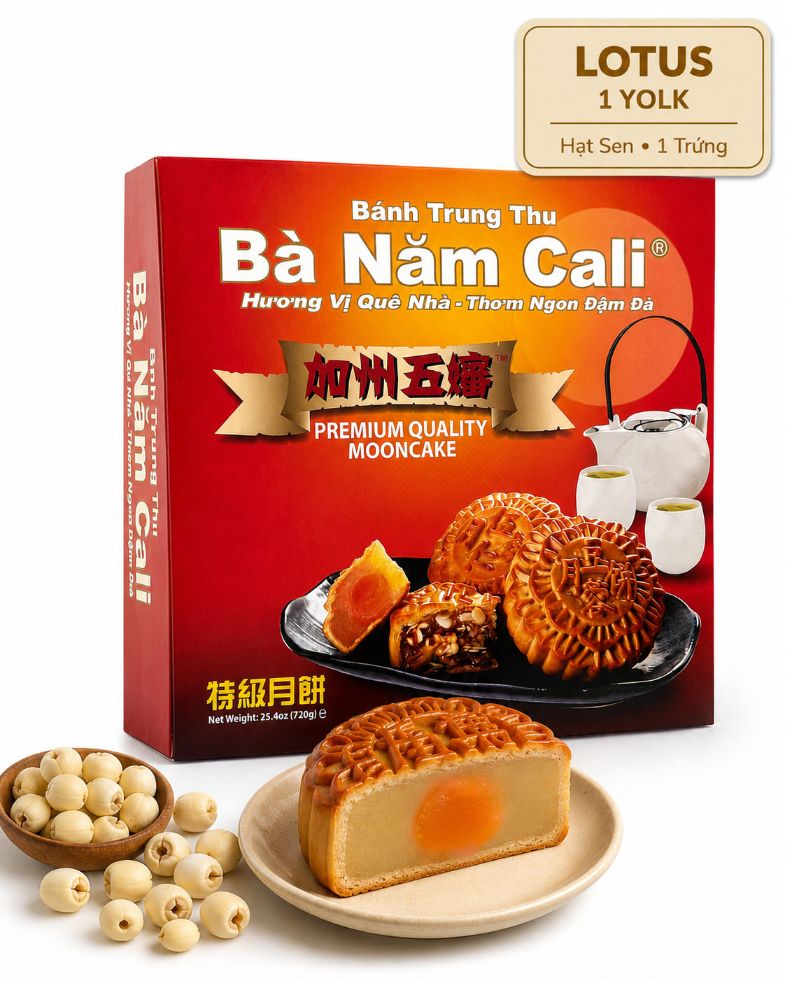 Premium Ba Nam Cali Lotus Seed Mooncake with classic handcrafted pastry design 1 yolk