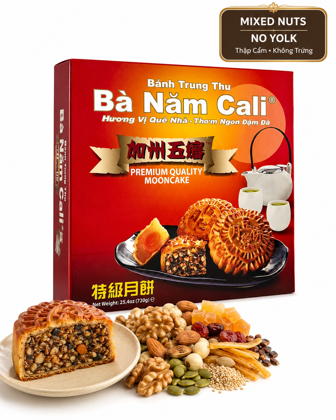 Authentic Ba Nam Cali Mixed Nuts Mooncake featuring a crunchy blend of assorted nuts and seeds