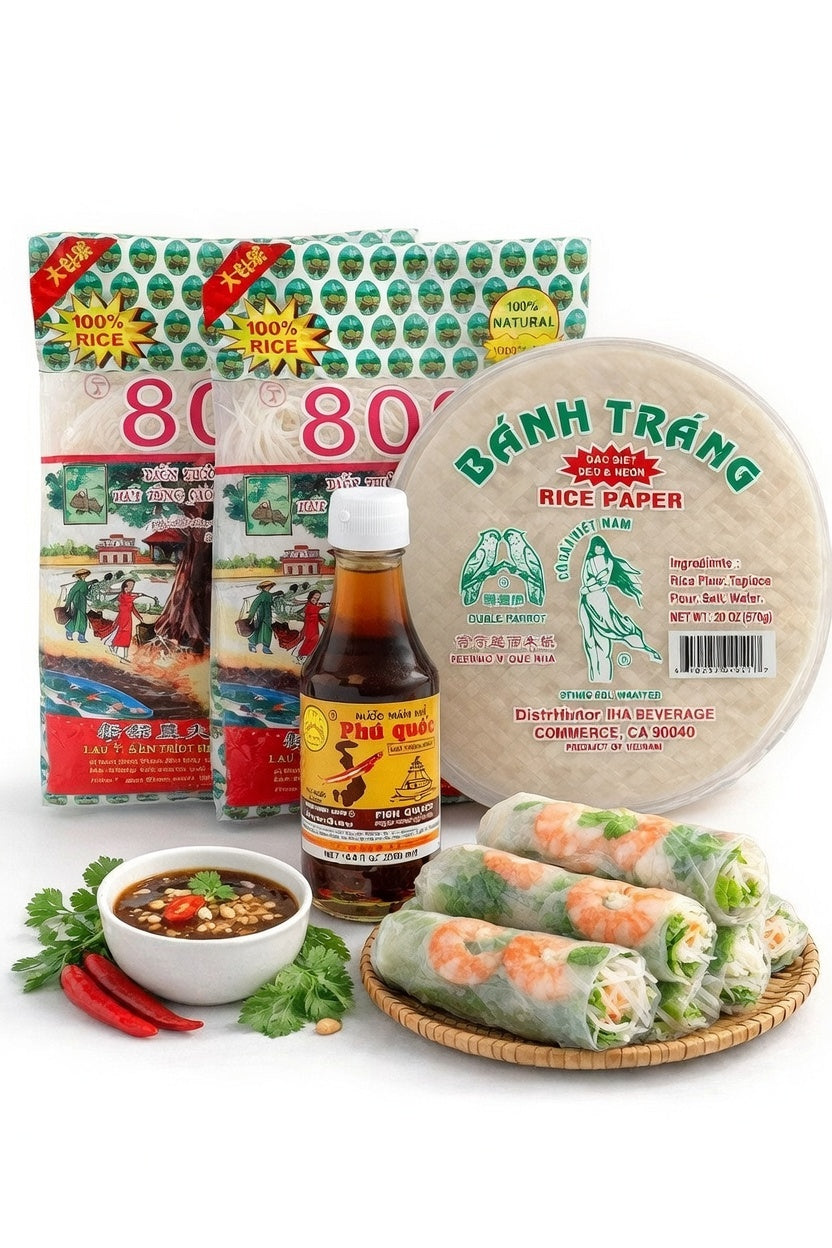 Double Parrot rice paper wrapper vermicelli noodle Phu Quoc fish sauce Vietnamese spring roll goi cuon kit