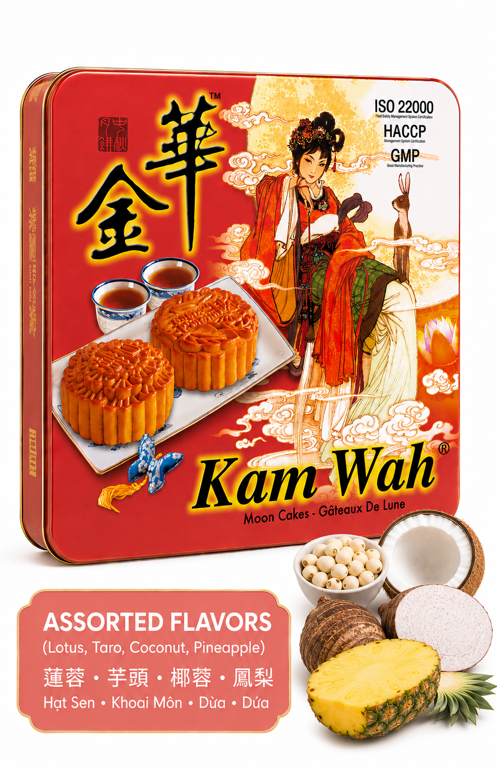 Kam Wah Assorted Mooncake collection featuring lotus seed, taro, coconut, and pineapple flavors