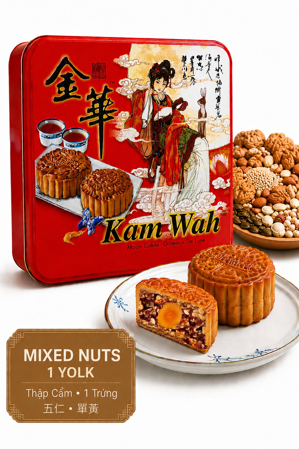 Traditional Kam Wah Mixed Nuts Mooncake featuring crunchy assorted nuts and savory-sweet filling 1 yolk