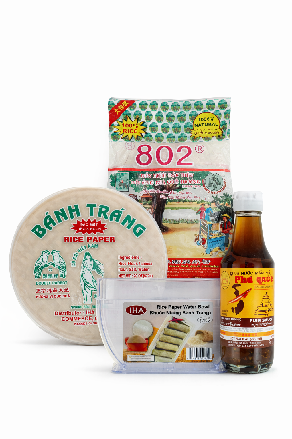 IHA spring roll rack Double Parrot rice paper wrapper vermicelli Phu Quoc fish sauce Vietnamese goi cuon starter kit 